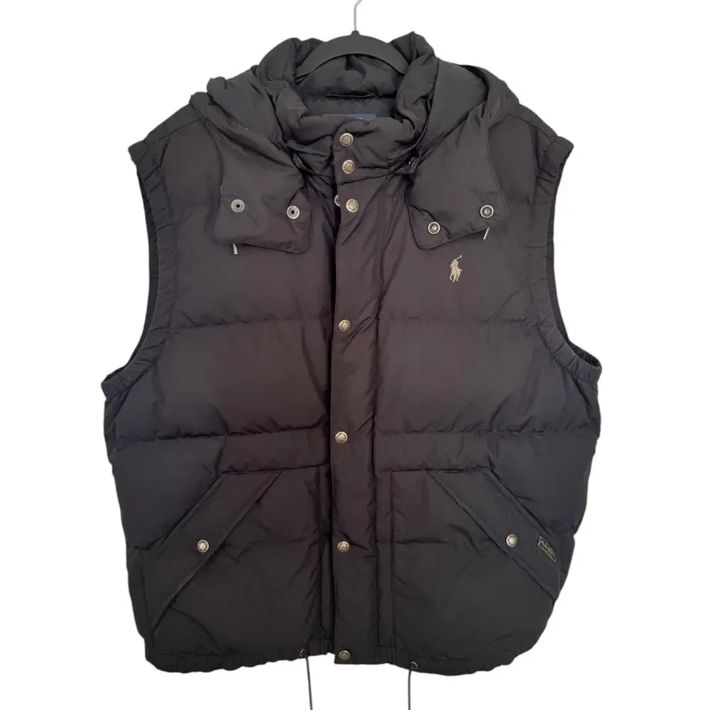 POLO Ralph Lauren Down Puffer Vest Black Hooded XL Vintage Tan Pony Logo